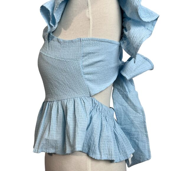 Anisa Peplum Jessie Bow Back Blouse in Light Blue by Francesca’s - Picture 6 of 16